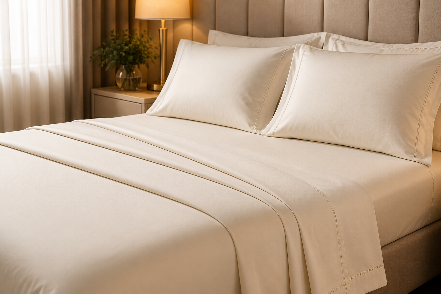 Cama com enxoval claro e acabamento elegante