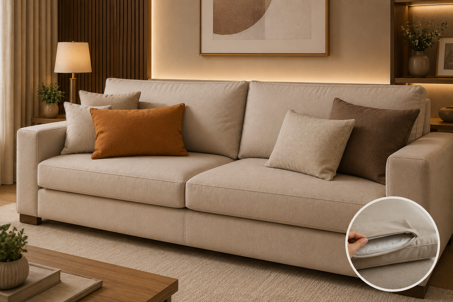 Sofa com almofadas e composicao decorativa elegante