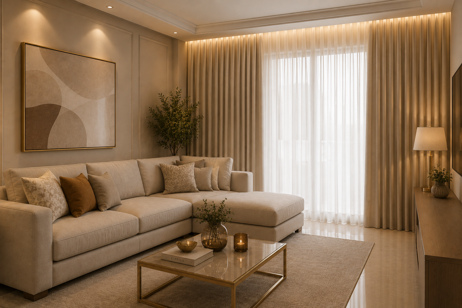 Ambiente completo com cortinas e decoracao coordenada