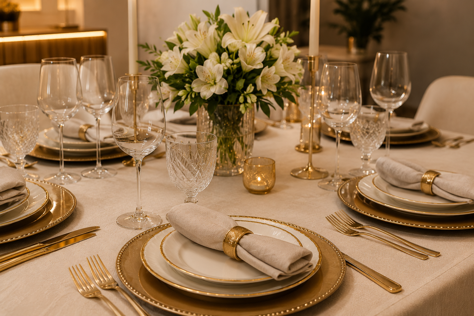 Mesa posta elegante com detalhes dourados