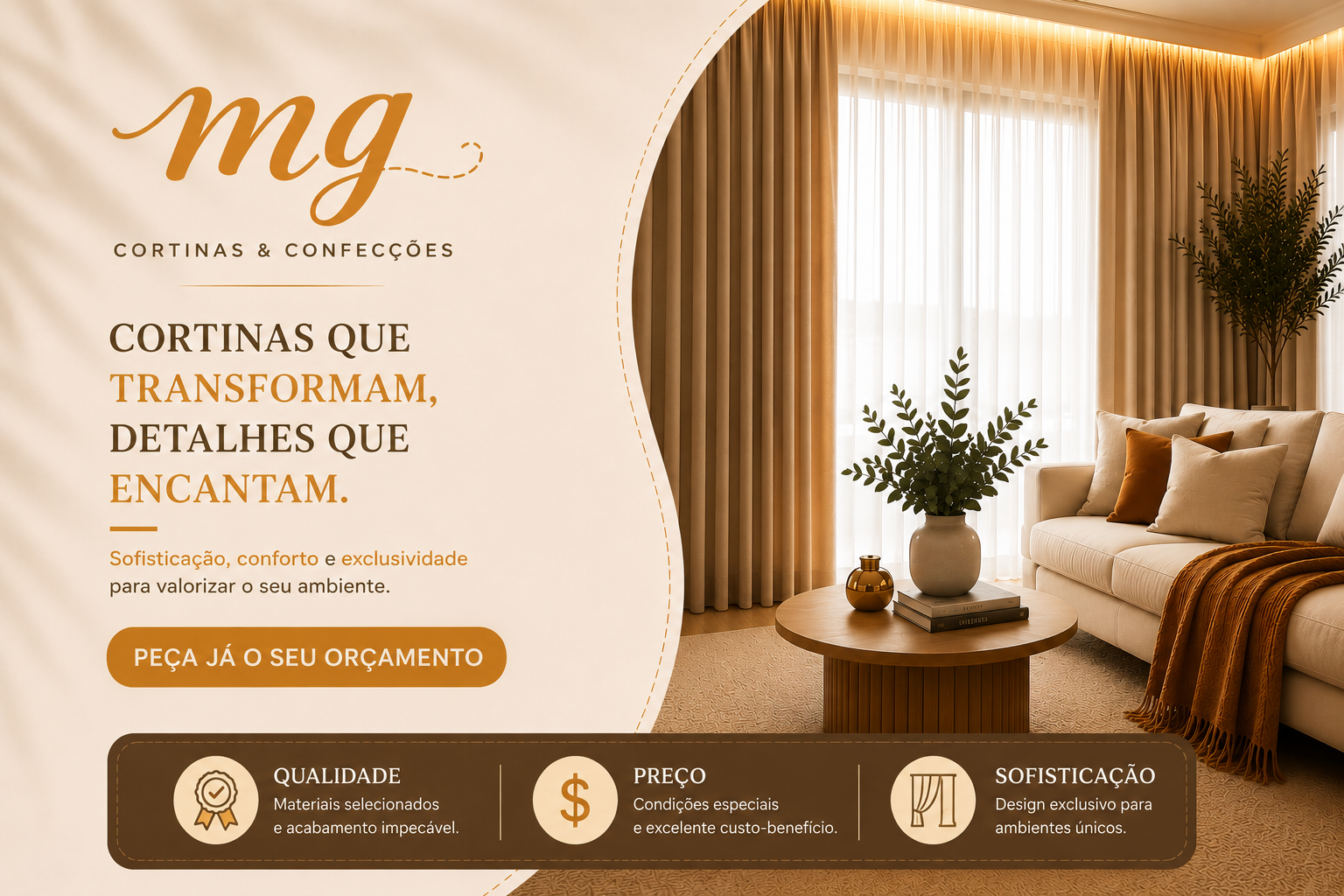 MG Cortinas e Confeccoes - Cortinas que transformam, detalhes que encantam. Sofisticacao, conforto e exclusividade para valorizar o seu ambiente.